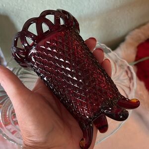 Vintage Imperial Glass Amberina Four-Toed Vase – Laced Edge Diamond Point